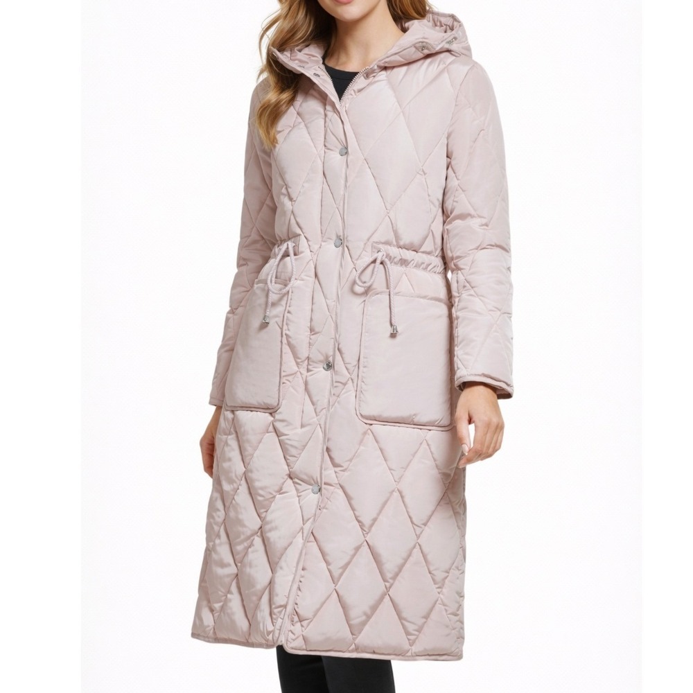 NWT Kenneth Cole New York Stadium Length Puffer Jacket S Rose Dust Pink‎ Hooded